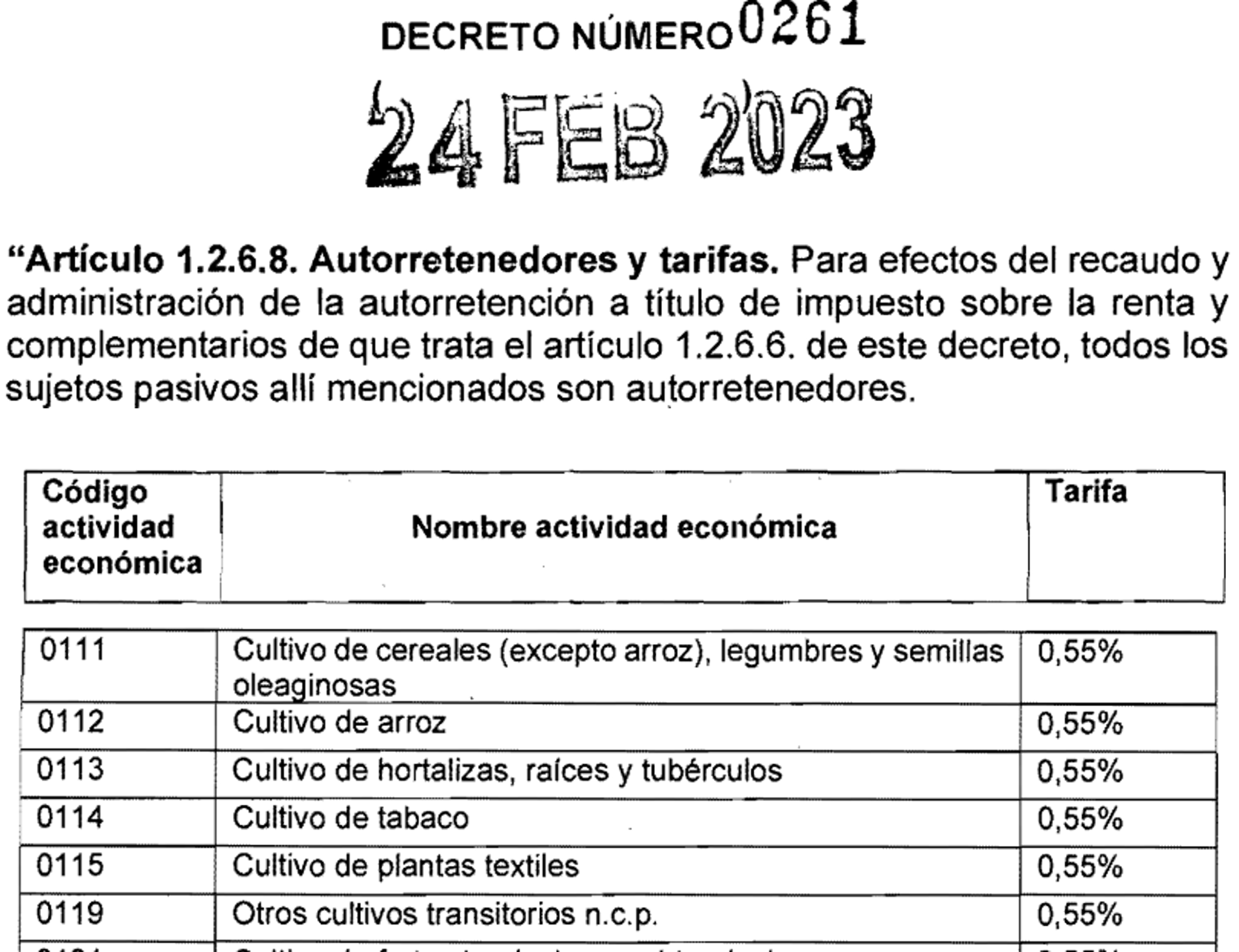 Decreto 261 febrero 2023 Nuevas tarifas autorretenedores Decreto 2201